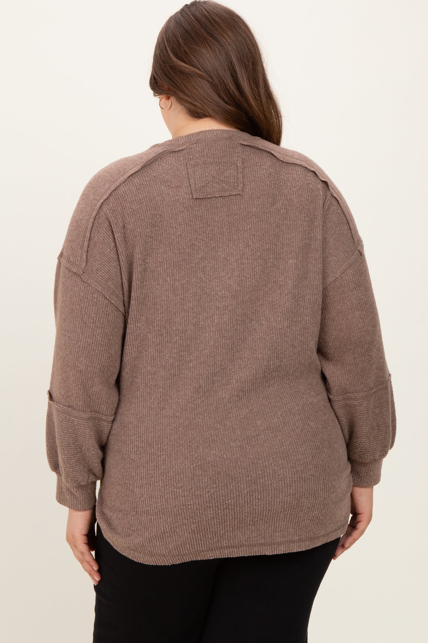 Mocha Oversized Ribbed Knit Henley Maternity Plus Sweater