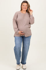 Beige Oversized Ribbed Knit Henley Maternity Plus Sweater