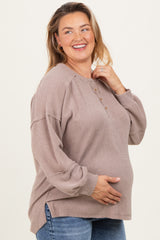 Beige Oversized Ribbed Knit Henley Maternity Plus Sweater