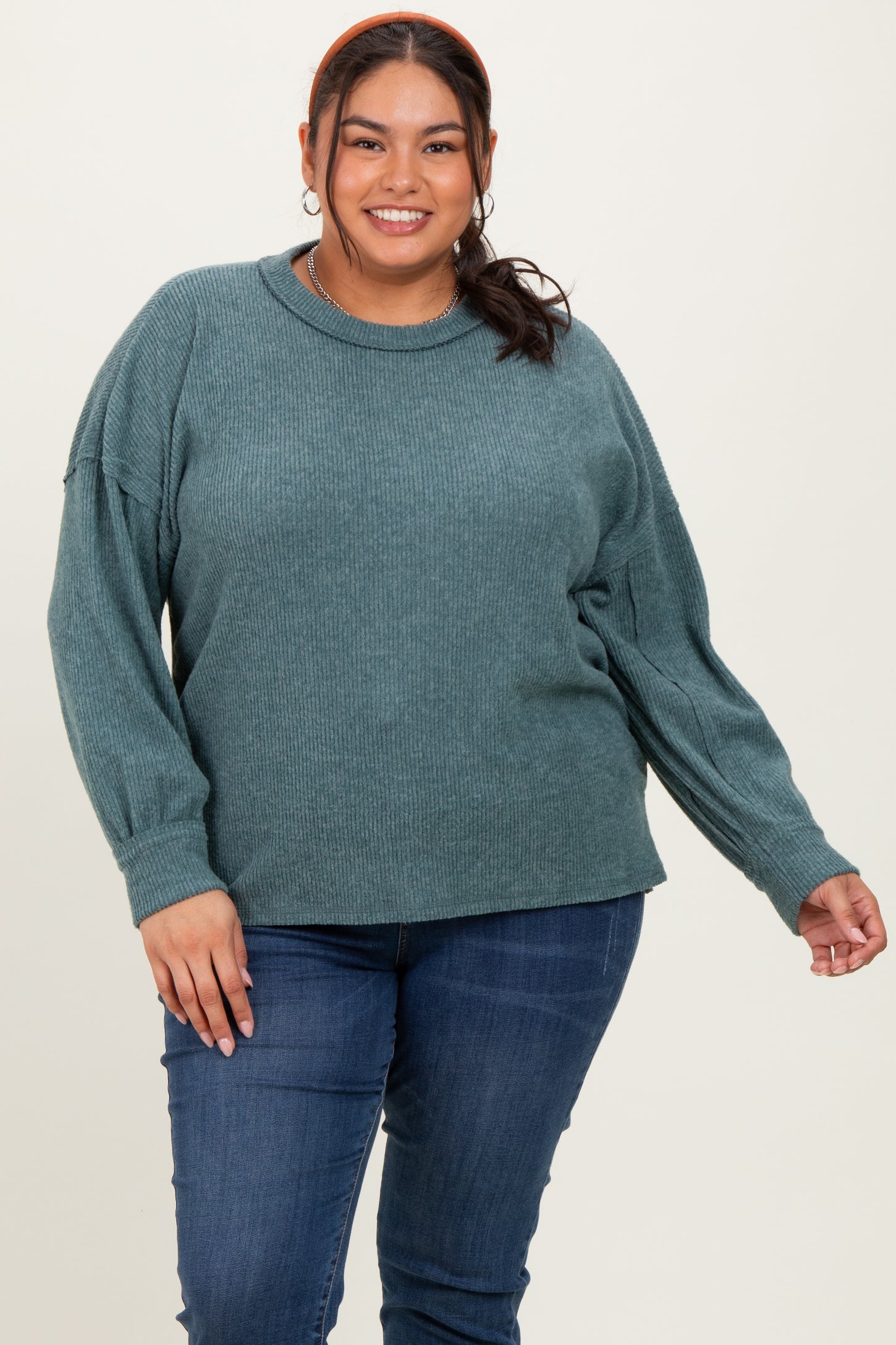 Emerald Green Brushed Ribbed Knit Plus Pullover