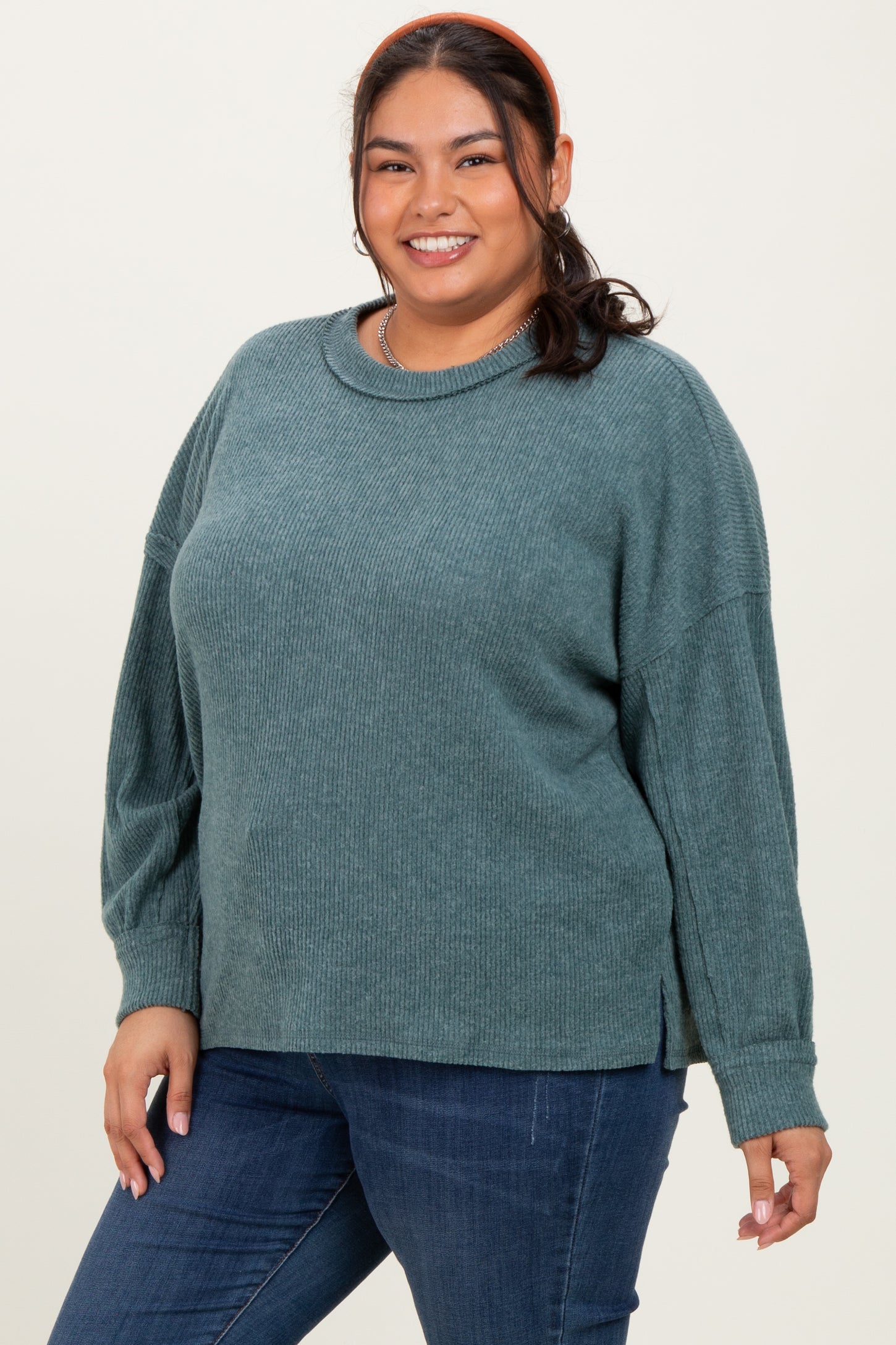 Emerald Green Brushed Ribbed Knit Maternity Plus Pullover