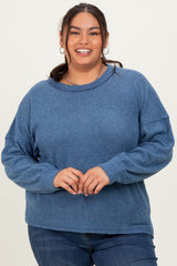 Blue Brushed Ribbed Knit Maternity Plus Pullover