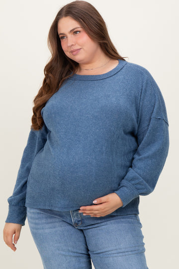 Blue Brushed Ribbed Knit Maternity Plus Pullover