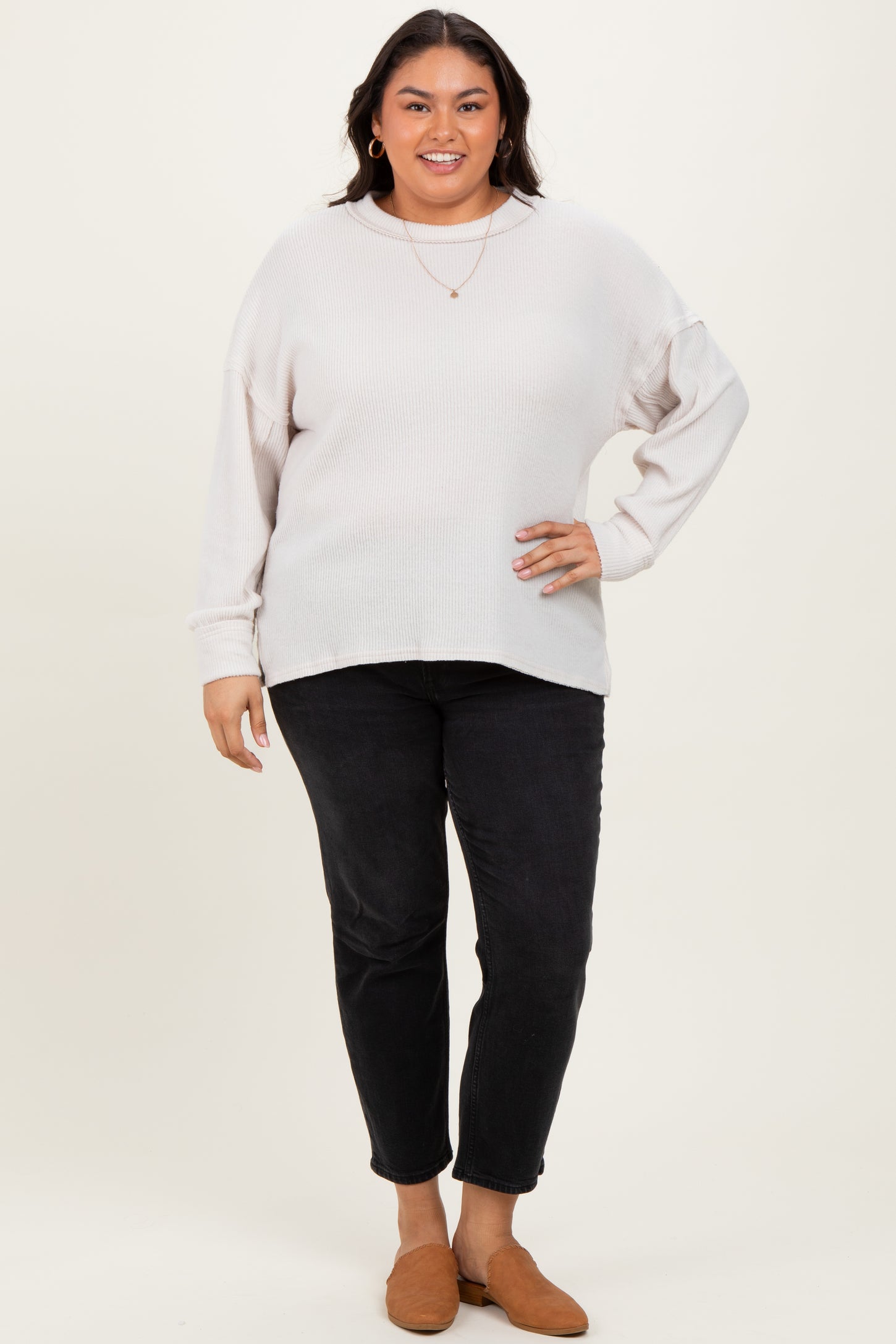 Cream Brushed Ribbed Knit Plus Pullover