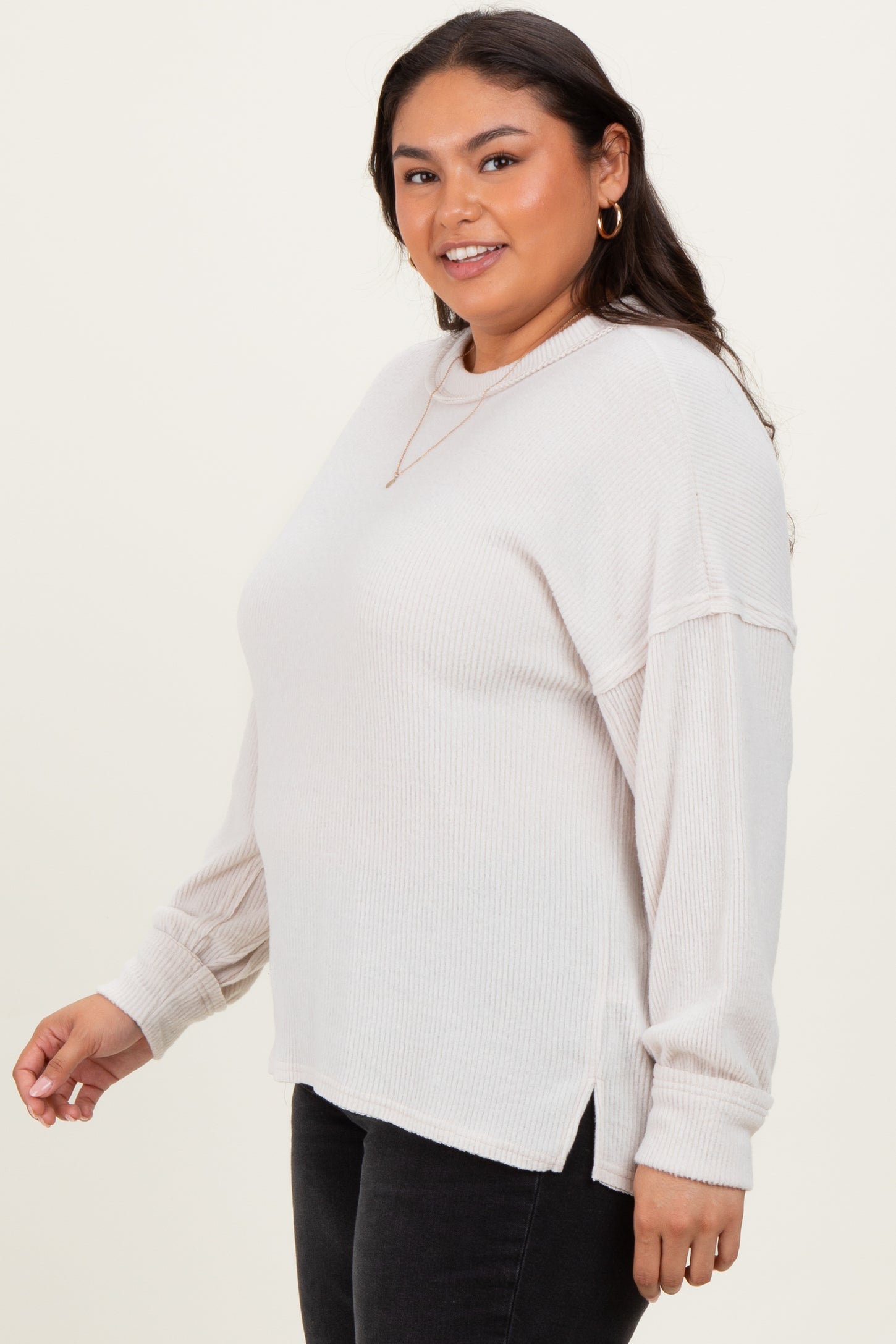 Cream Brushed Ribbed Knit Plus Pullover