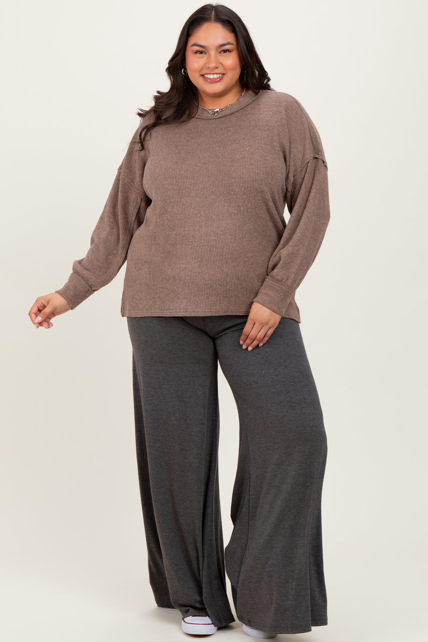 Mocha Brushed Ribbed Knit Plus Pullover