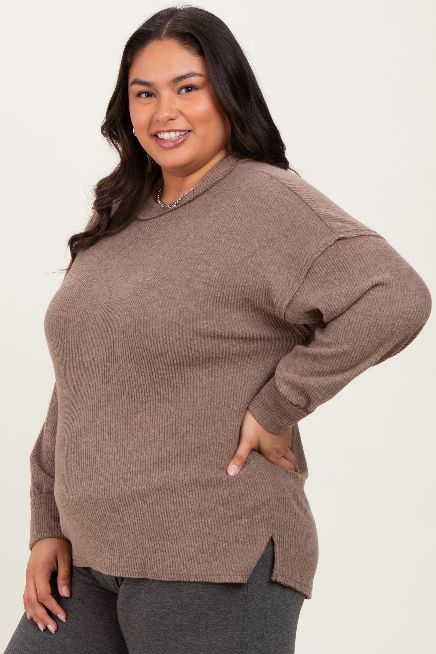 Mocha Brushed Ribbed Knit Plus Pullover