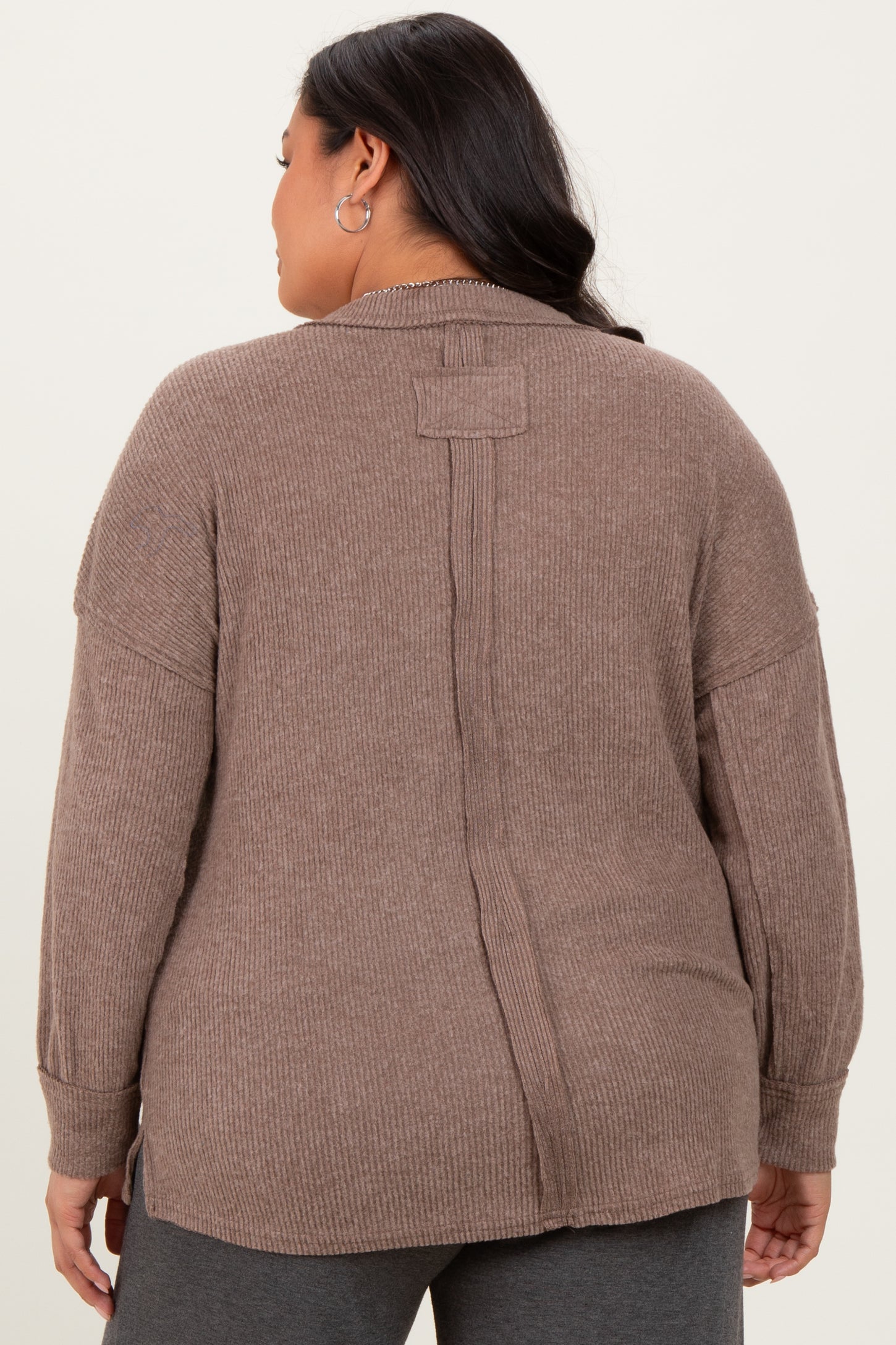 Mocha Brushed Ribbed Knit Plus Pullover
