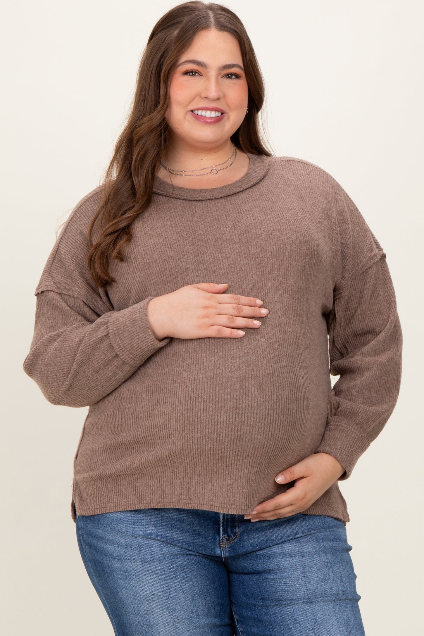 Mocha Brushed Ribbed Knit Maternity Plus Pullover