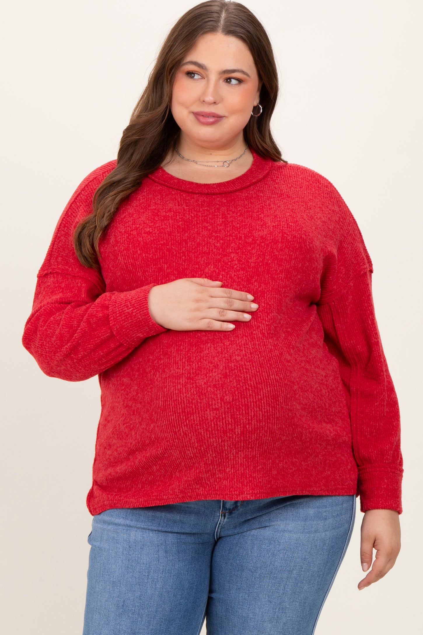 Red Brushed Ribbed Knit Maternity Plus Pullover