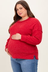 Red Brushed Ribbed Knit Maternity Plus Pullover