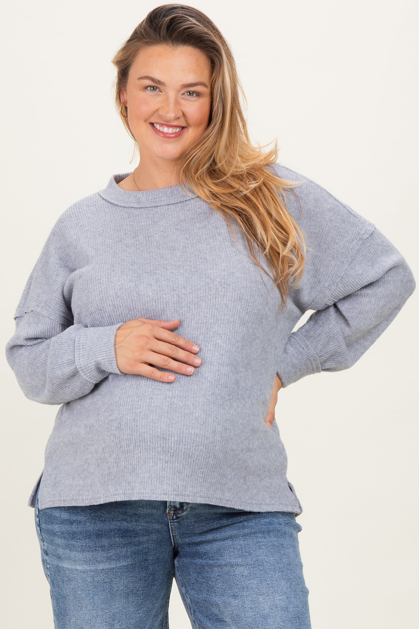 Heather Grey Brushed Ribbed Knit Maternity Plus Pullover
