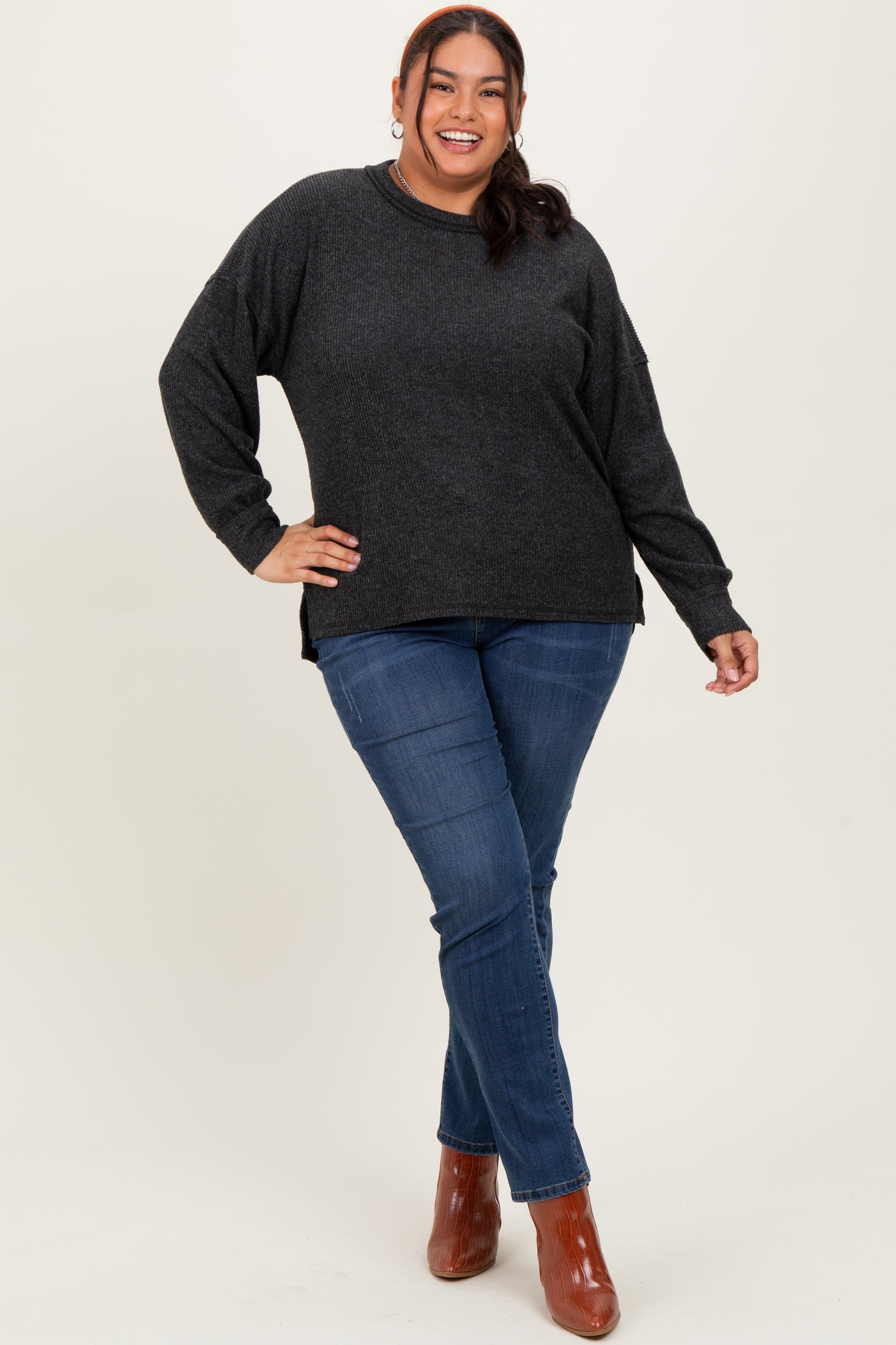 Charcoal  Brushed Ribbed Knit Plus Pullover