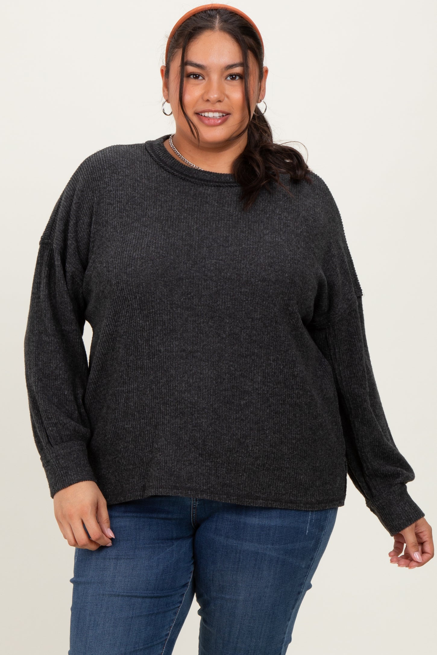 Charcoal Brushed Ribbed Knit Maternity Plus Pullover