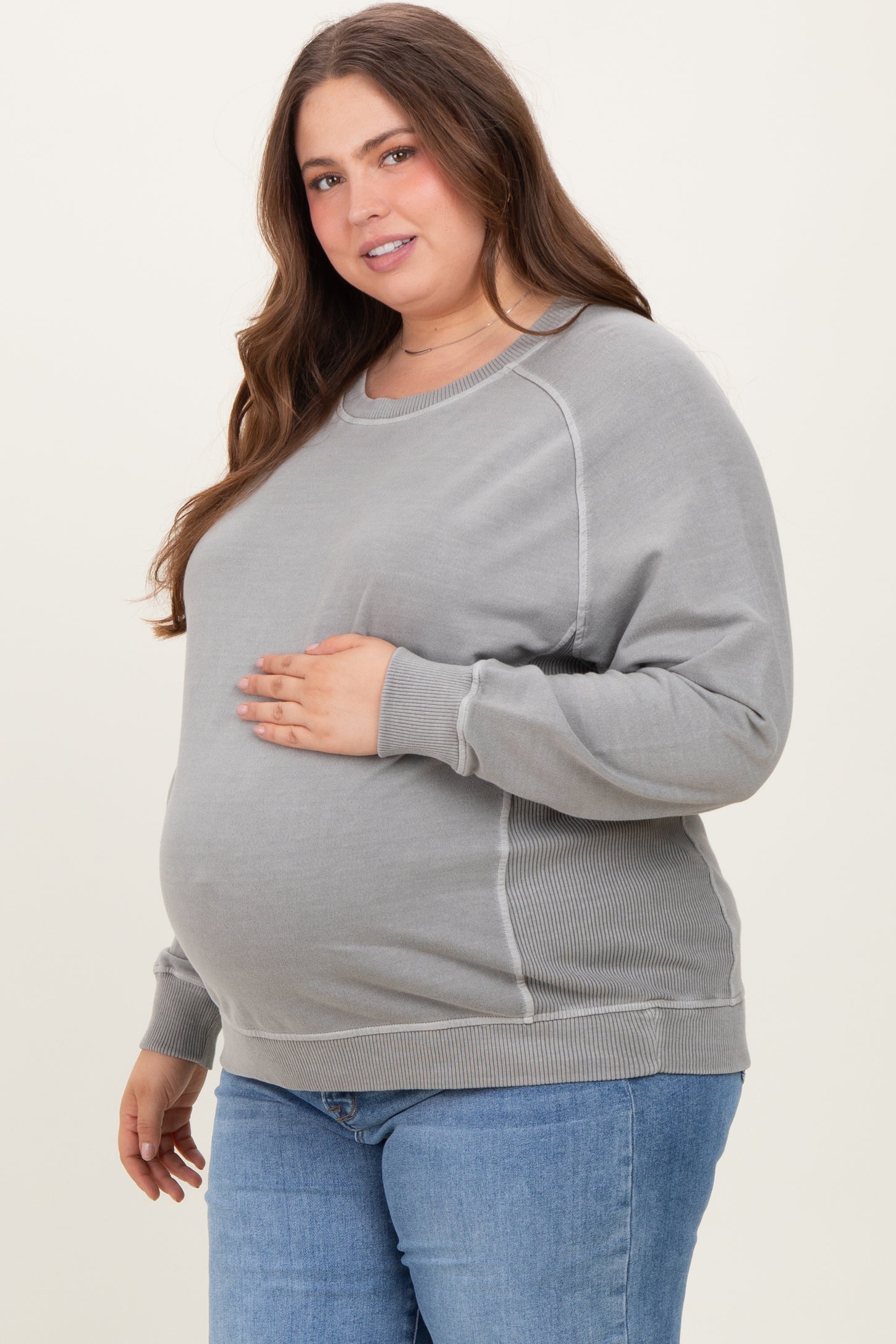 Heather Grey French Terry Vintage Wash Maternity Plus Pullover