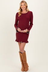 Burgundy Long Sleeve Lettuce Trim Maternity Mini Dress