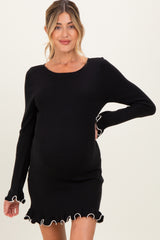Black Long Sleeve Lettuce Trim Maternity Mini Dress