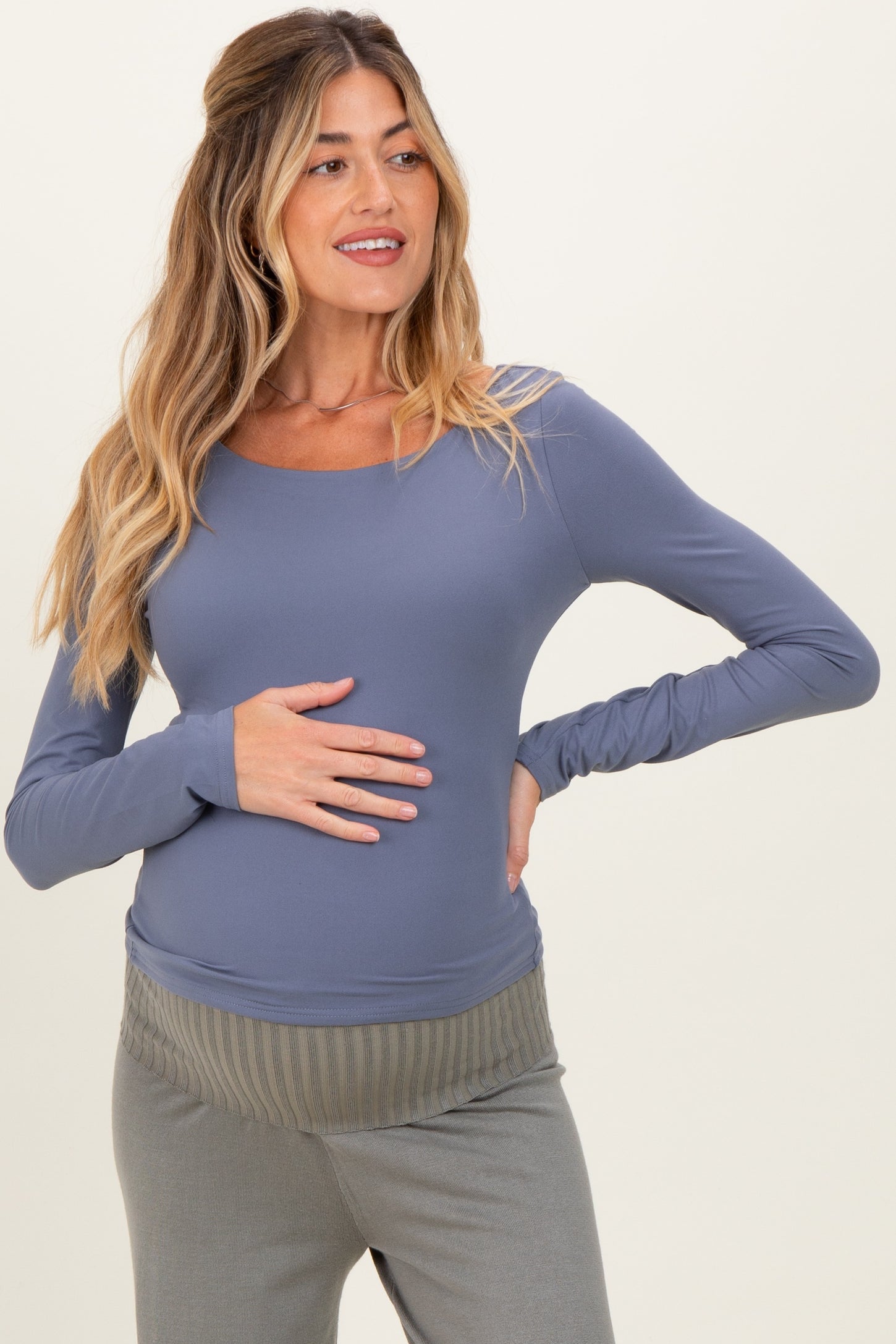 Blue Scoop Neck Long Sleeve Maternity Top