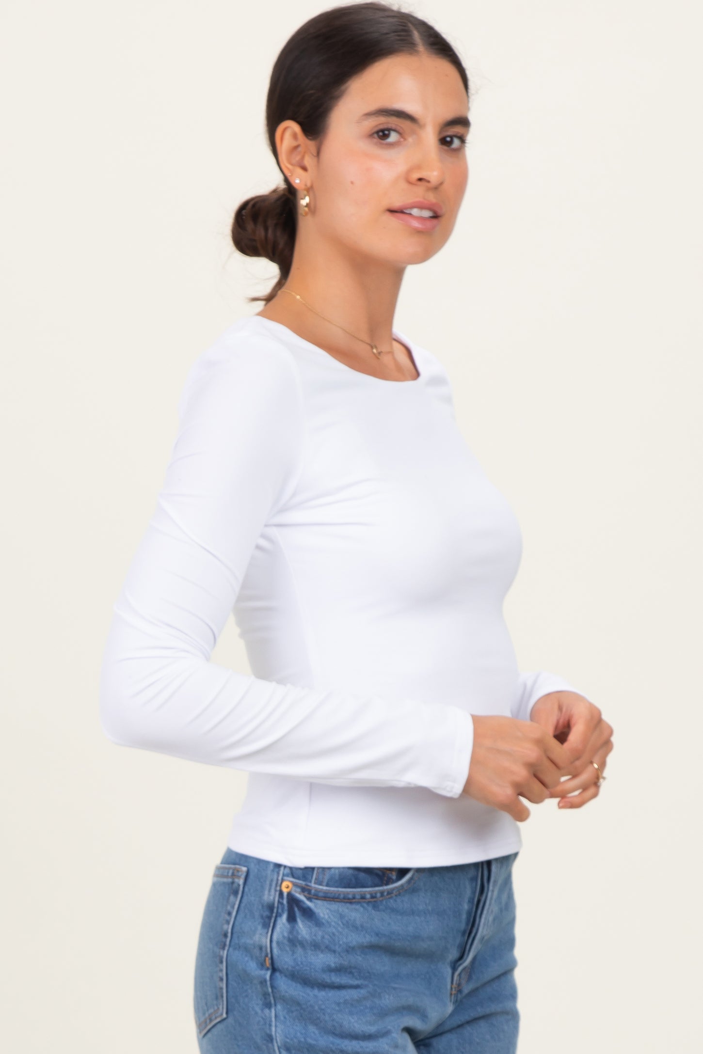 White Scoop Neck Long Sleeve Top