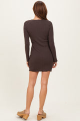 Brown Ribbed Long Sleeve Short Dress