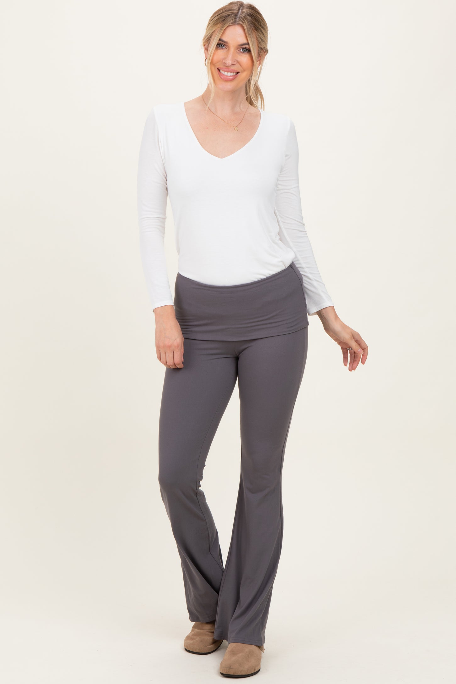 Grey Wide Fold-Over Flared Pants
