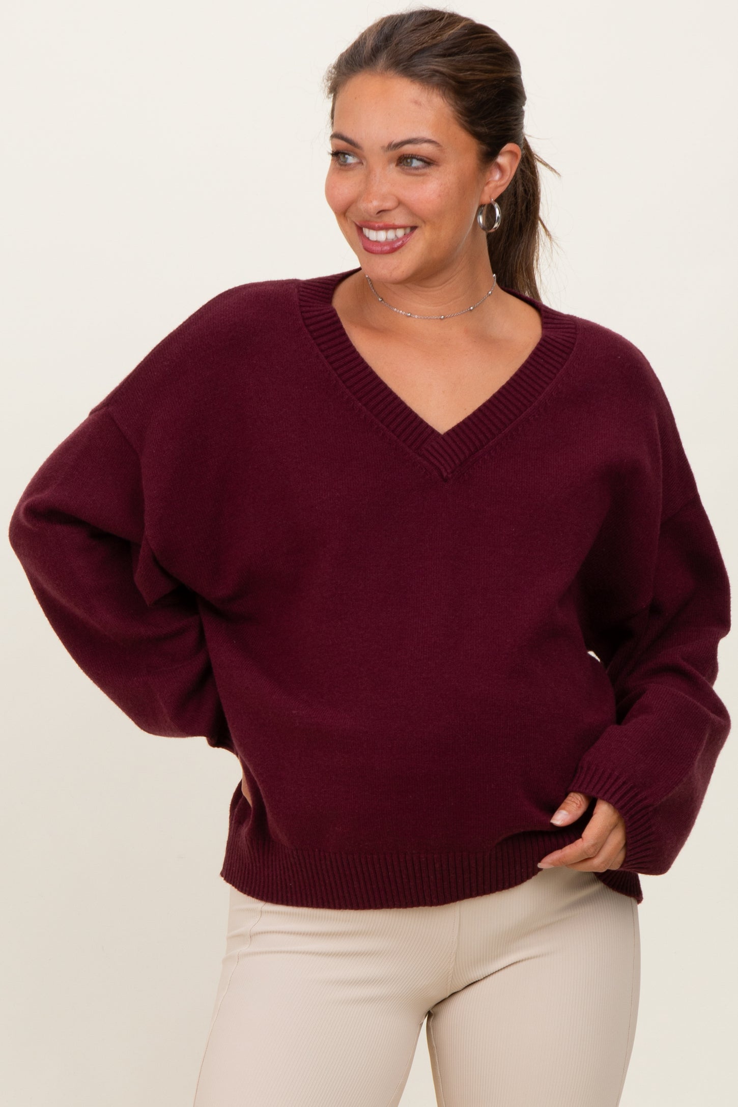 Burgundy V-Neck Drop Shoulder Sweater