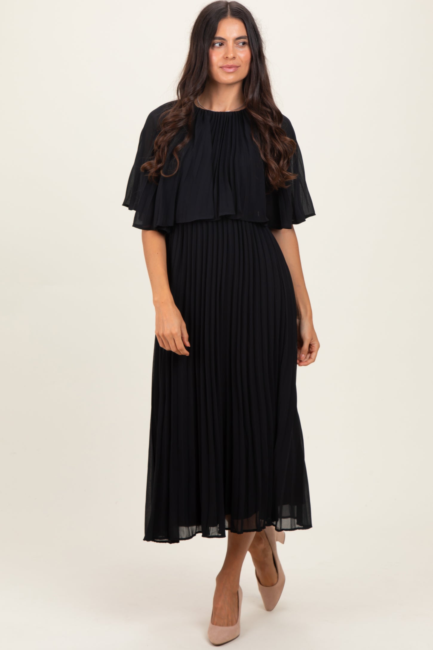 Black Pleated Cape Midi Dress