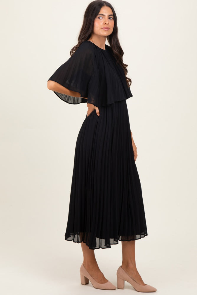 black pleated cape dress Long Sleeves Cape Diagonal Pleated Dress S / Black