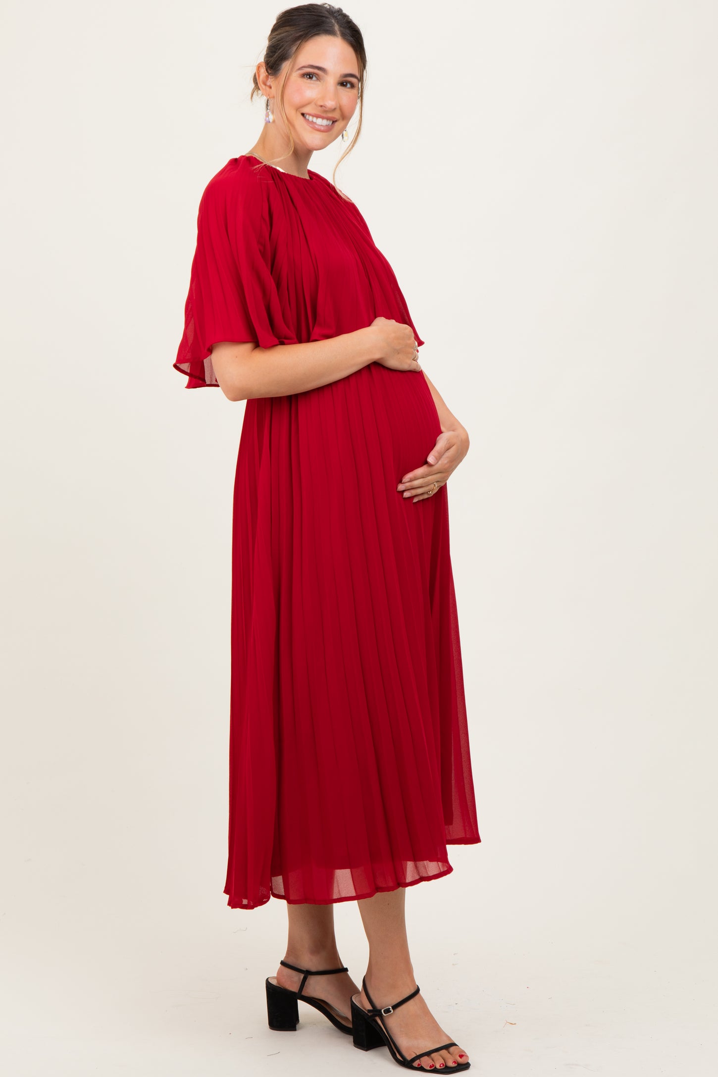 Burgundy Pleated Cape Maternity Midi Dress – PinkBlush