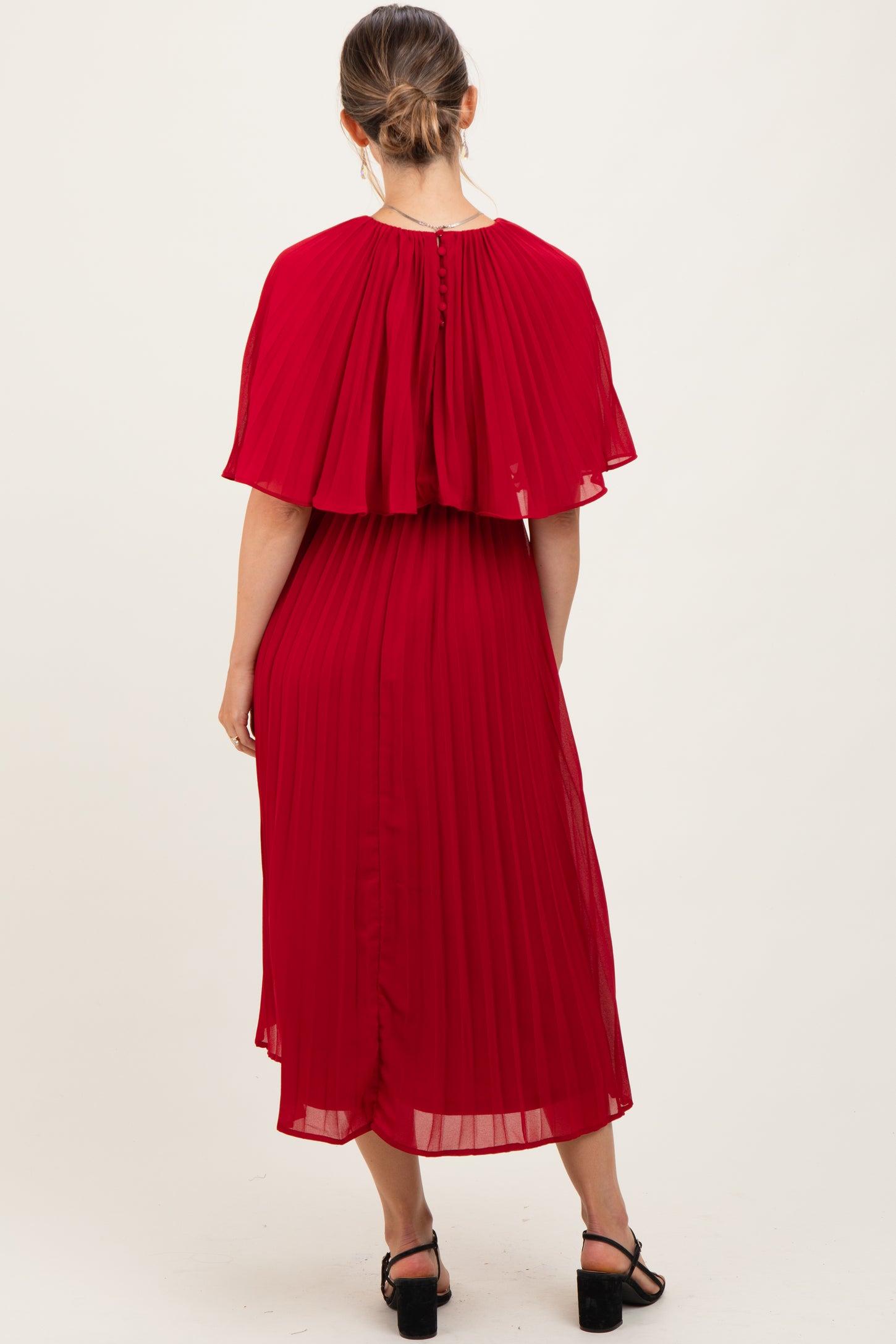 Burgundy Pleated Cape Maternity Midi Dress