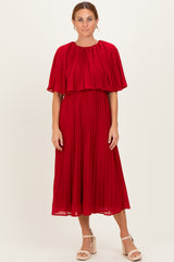 Burgundy Pleated Cape Midi Dress