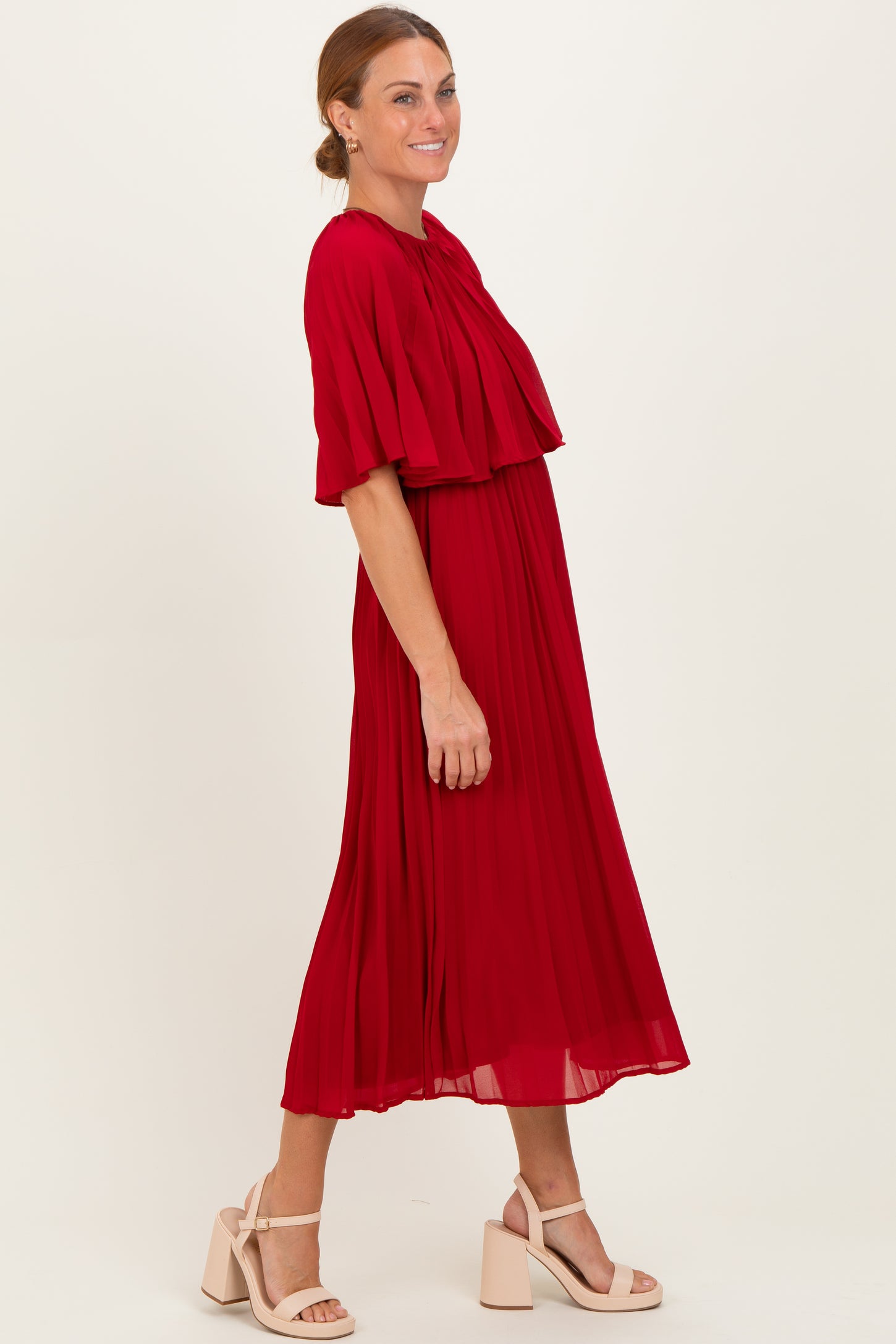 Burgundy Pleated Cape Midi Dress Burgundy Pleated Cape Midi Dress