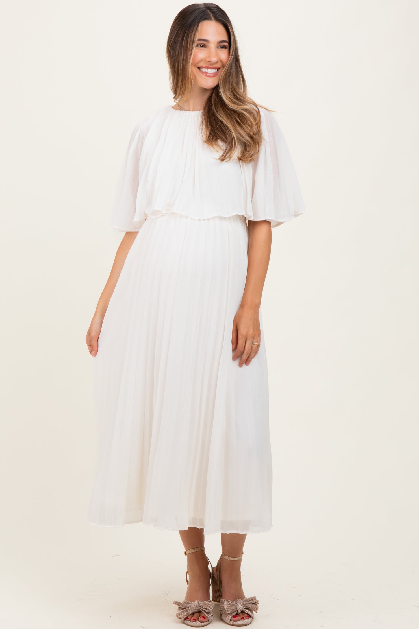 Cream Pleated Cape Maternity Midi Dress