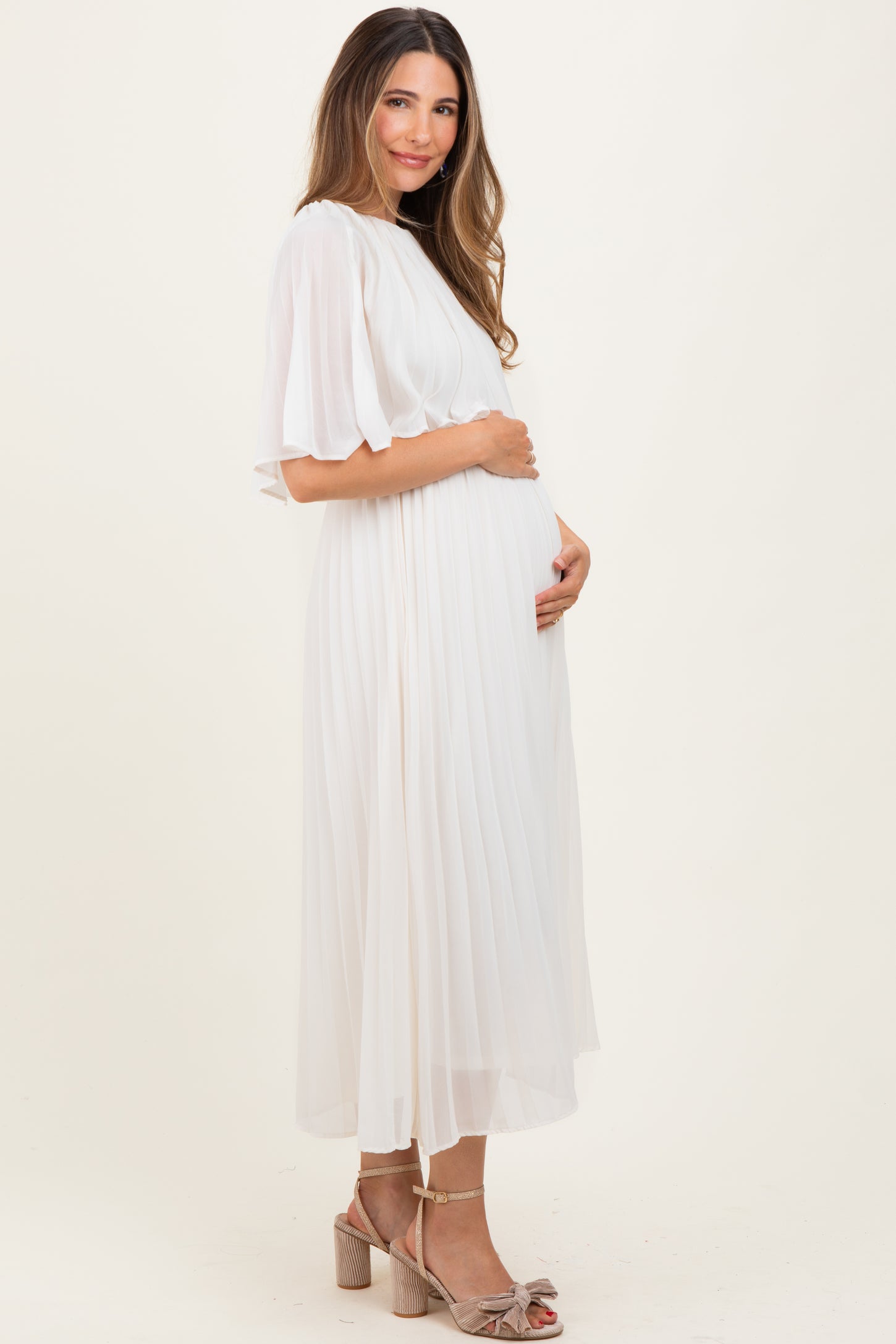 Cream Pleated Cape Maternity Midi Dress PinkBlush Cream Pleated Cape Maternity Midi Dress PinkBlush