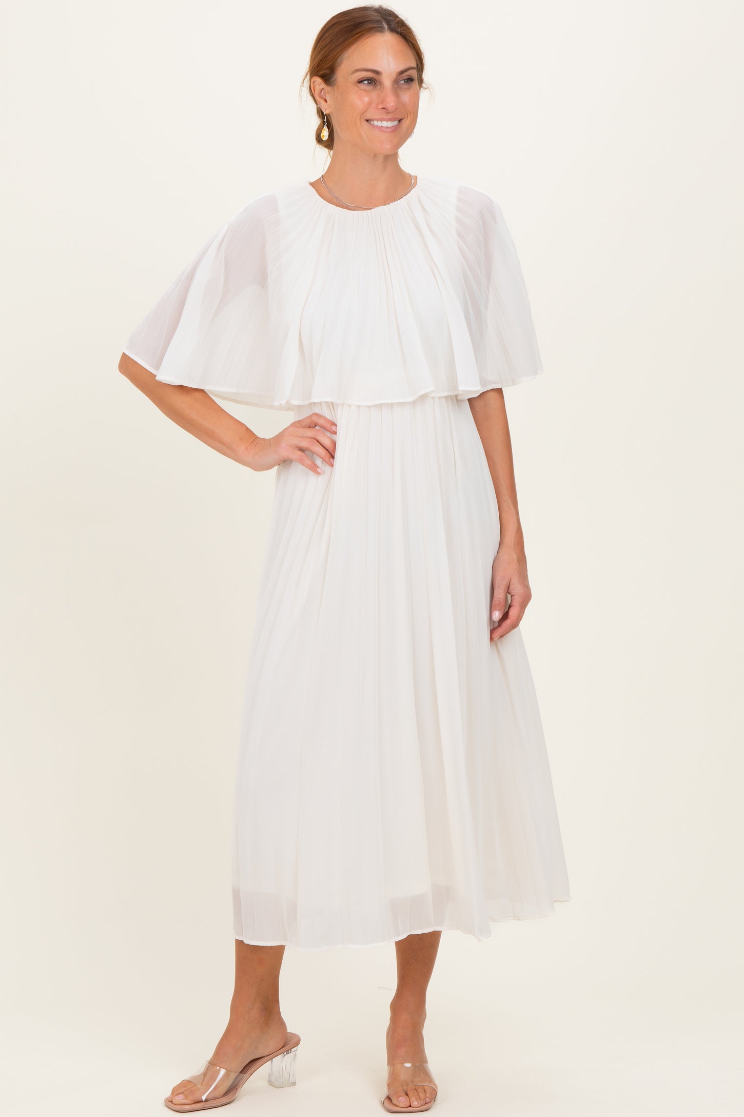 Cream Pleated Cape Maternity Midi Dress