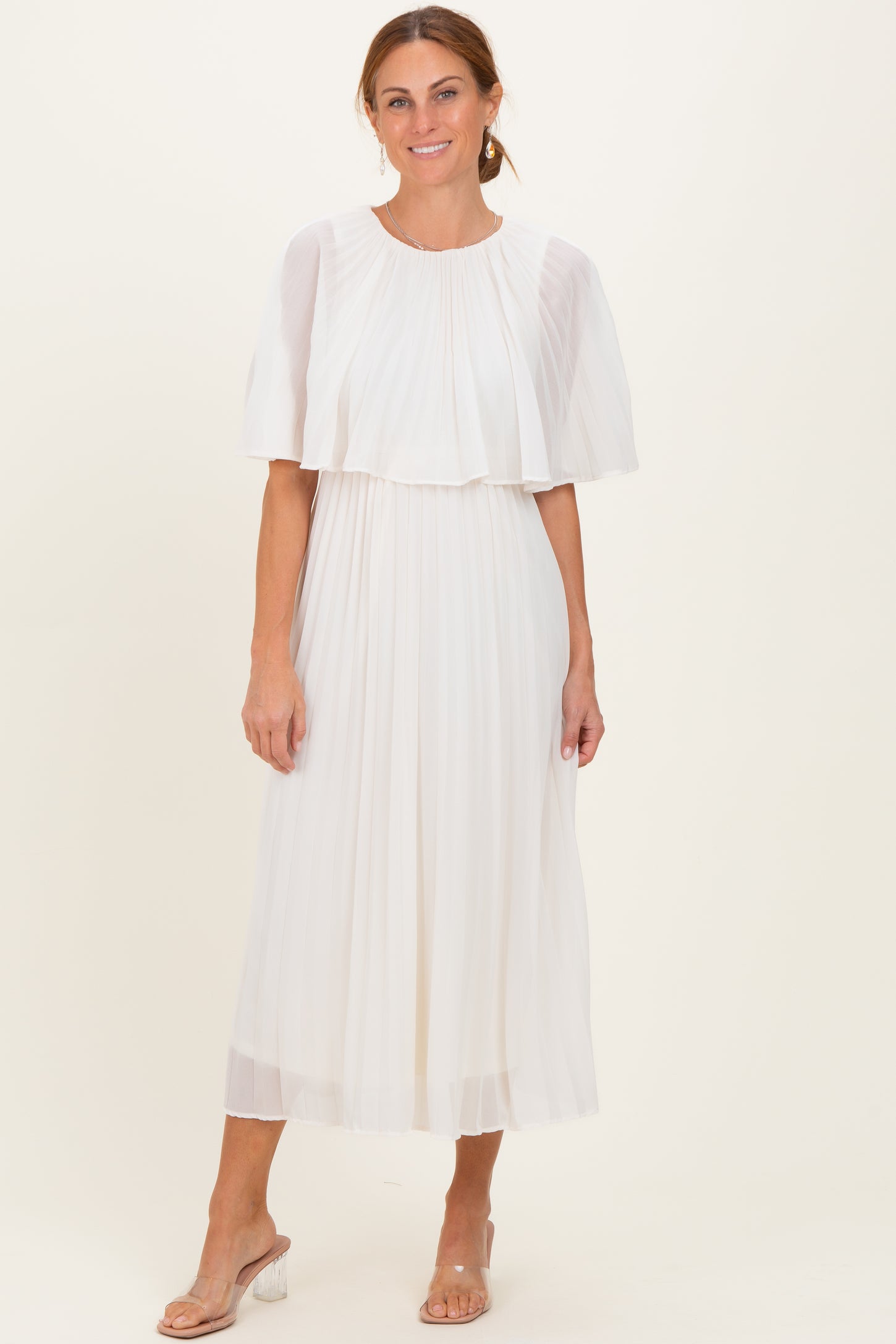 Cream Pleated Cape Midi Dress PinkBlush Cream Pleated Cape Midi Dress PinkBlush