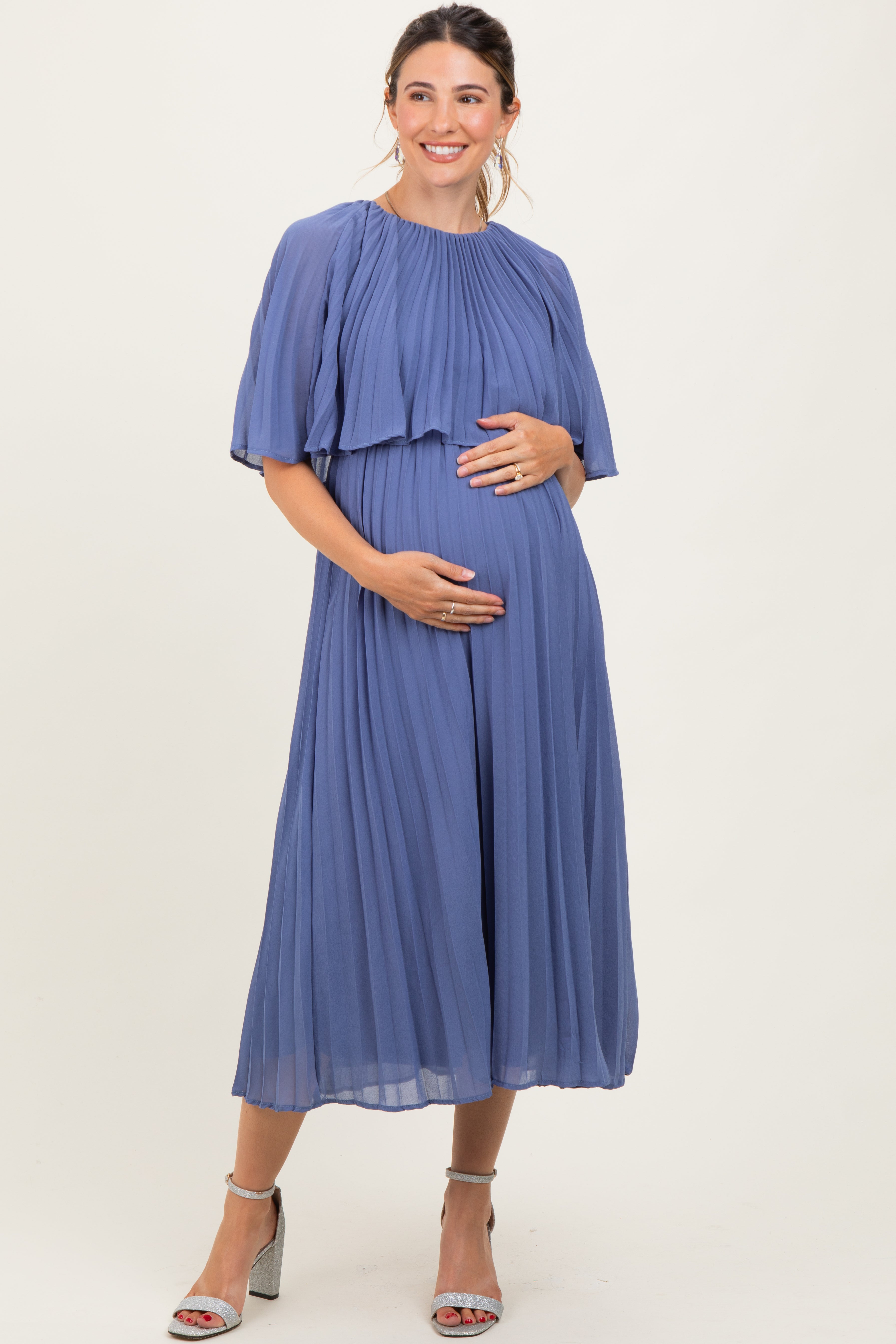 Blue Pleated Cape Maternity Midi Dress Blue Pleated Cape Maternity Midi Dress