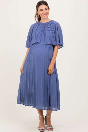 Blue Pleated Cape Maternity Midi Dress