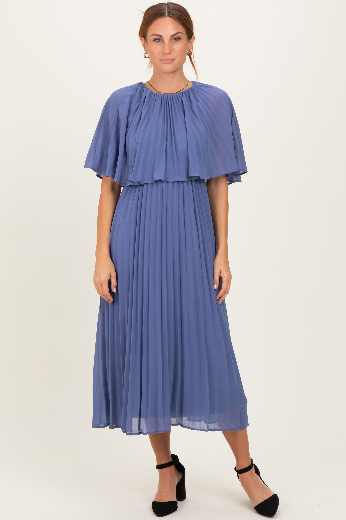 Blue Pleated Cape Maternity Midi Dress