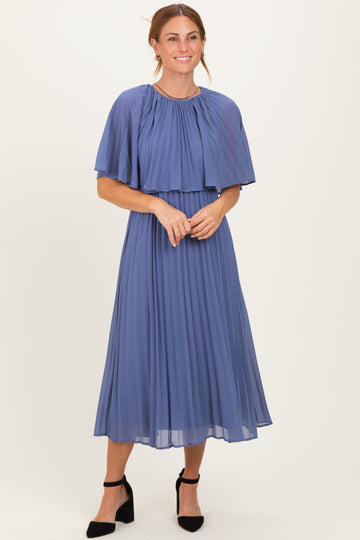 Blue Pleated Cape Midi Dress