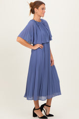 Blue Pleated Cape Midi Dress