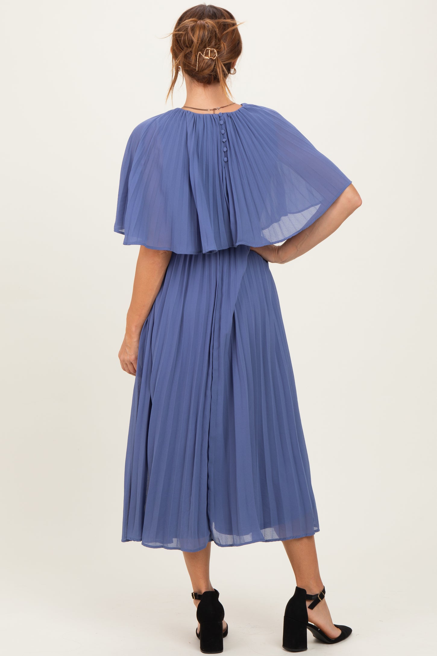 Blue Pleated Cape Midi Dress