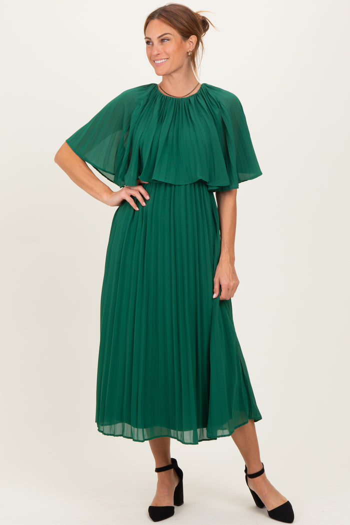 Green Pleated Cape Maternity Midi Dress