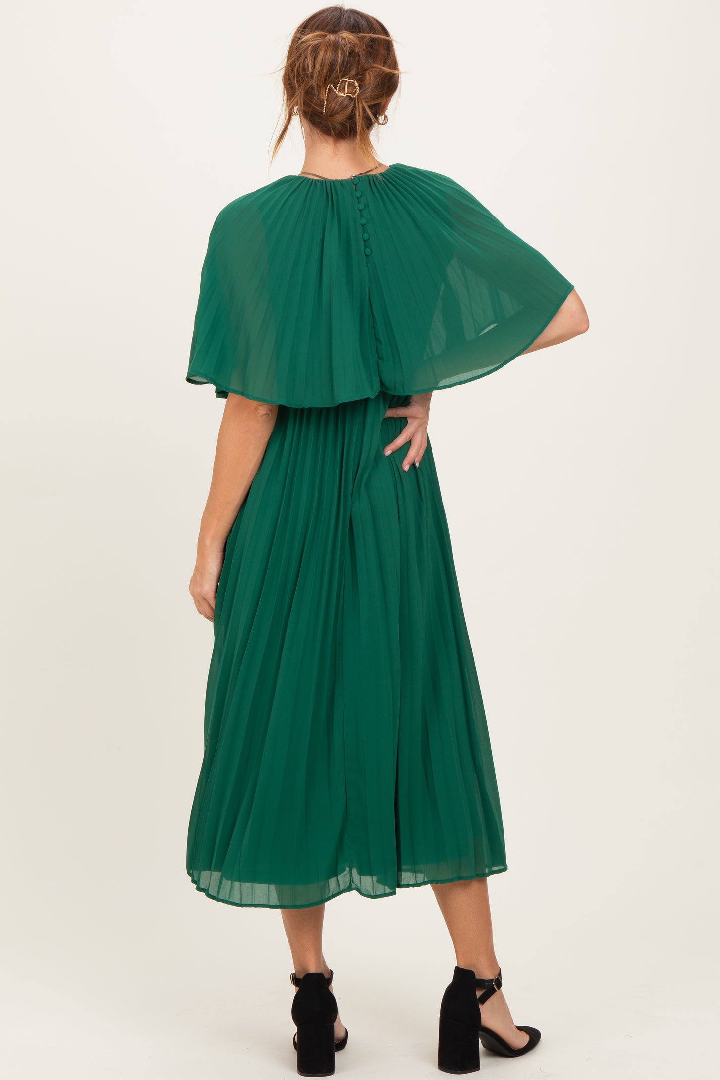 Green Pleated Cape Midi Dress