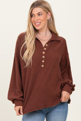 Brown Solid Ribbed Long Sleeve Button Down Collared Top