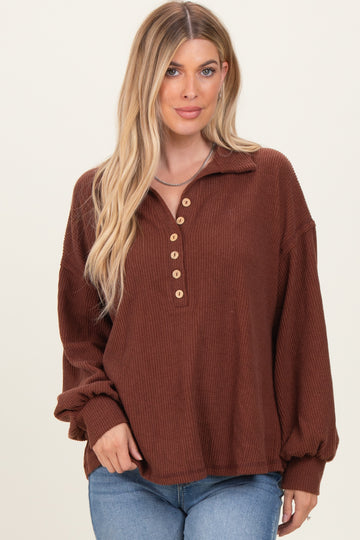 Brown Solid Ribbed Long Sleeve Button Down Collared Top