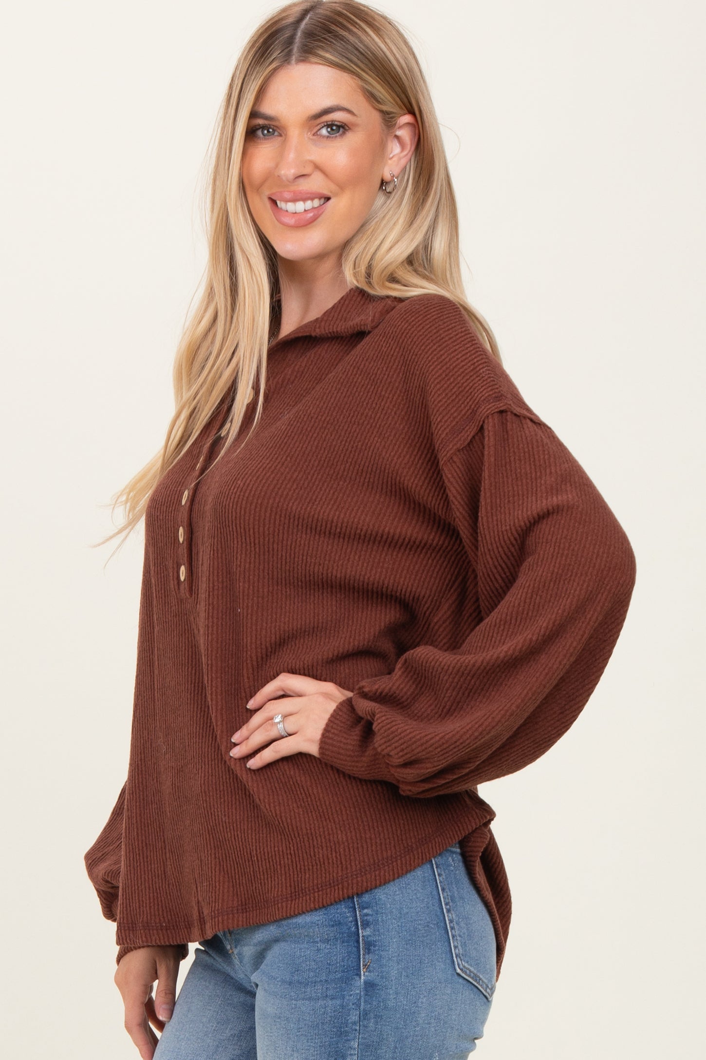 Brown Solid Ribbed Long Sleeve Button Down Collared Top