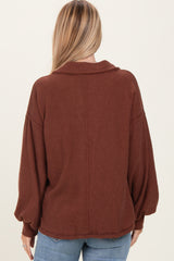Brown Solid Ribbed Long Sleeve Button Down Collared Top