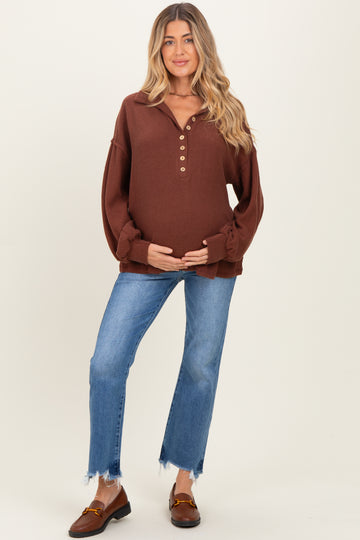 Brown Solid Ribbed Long Sleeve Button Down Collared Maternity Top