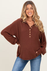 Brown Solid Ribbed Long Sleeve Button Down Collared Maternity Top